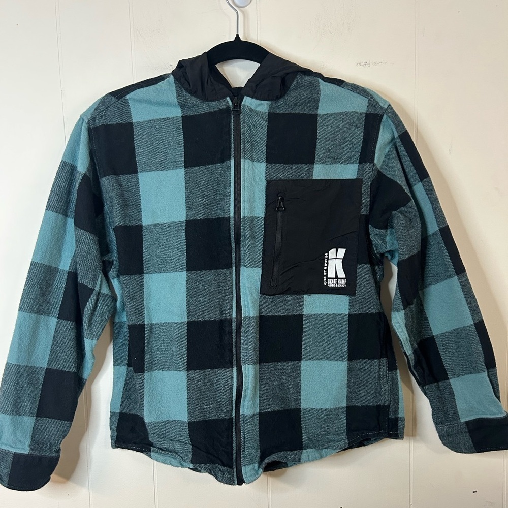 ZARA boys size 13/14 Blue Black Plaid Full Zip Hooded Jacket, skater